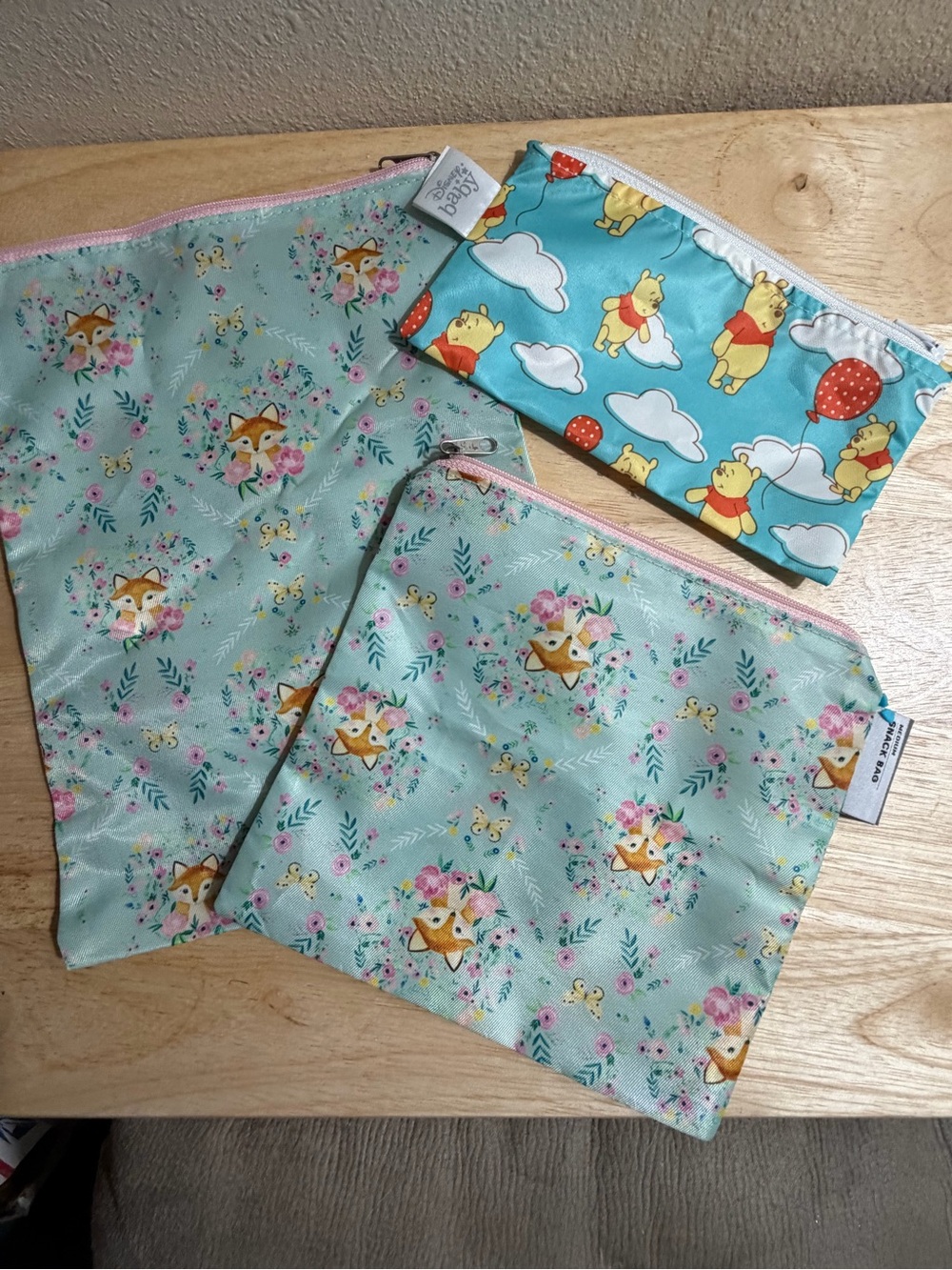 Disney Kids Wet Bag Set in Mint Green and Blue with Fox & Winnie the Pooh Prints